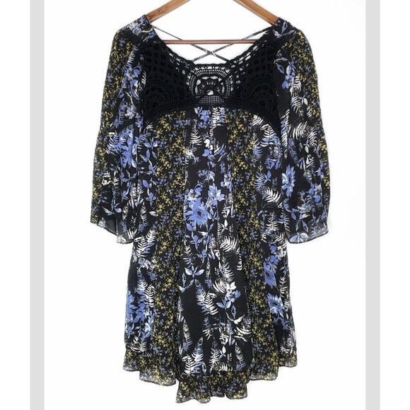Free People Dresses & Skirts - Free People Crochet Front Flower Floral Mini Long Sleeve Flowy Boho Tunic Dress